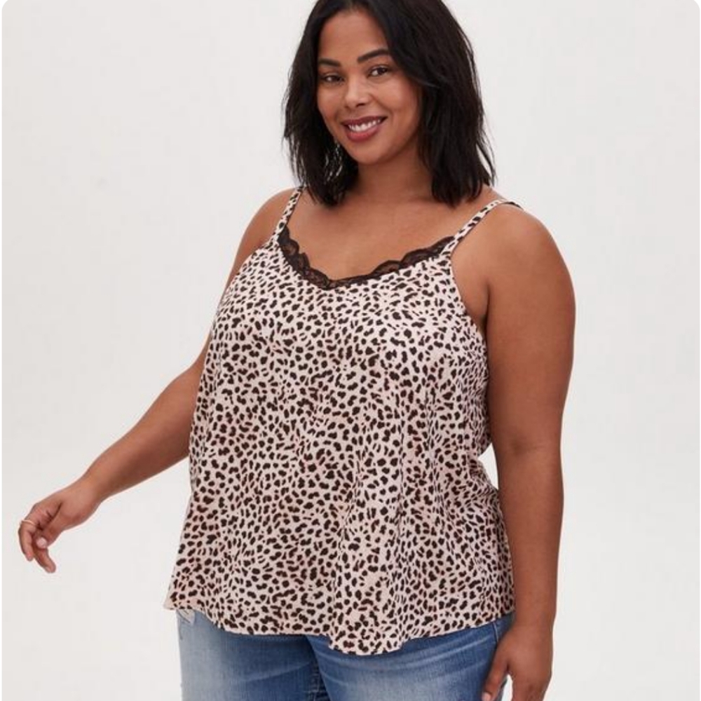 Torrid- Sophie Satin Lace Trim Swing Cami leopard print